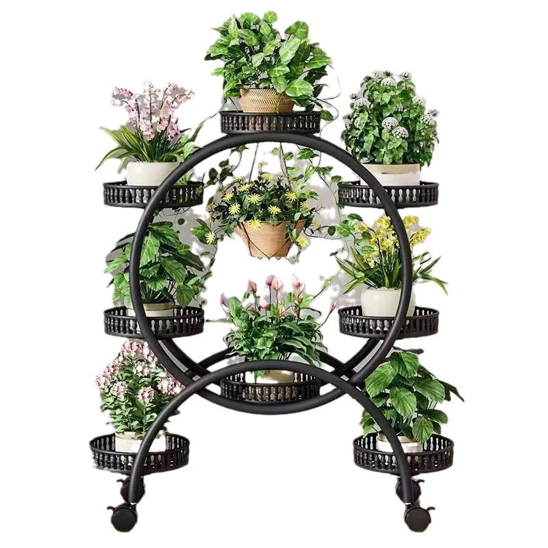 Modern Minimalist Movable Round Ferris Wheel-Shaped Carbon Steel Display Rack 4/6/8-Tray For Balcony