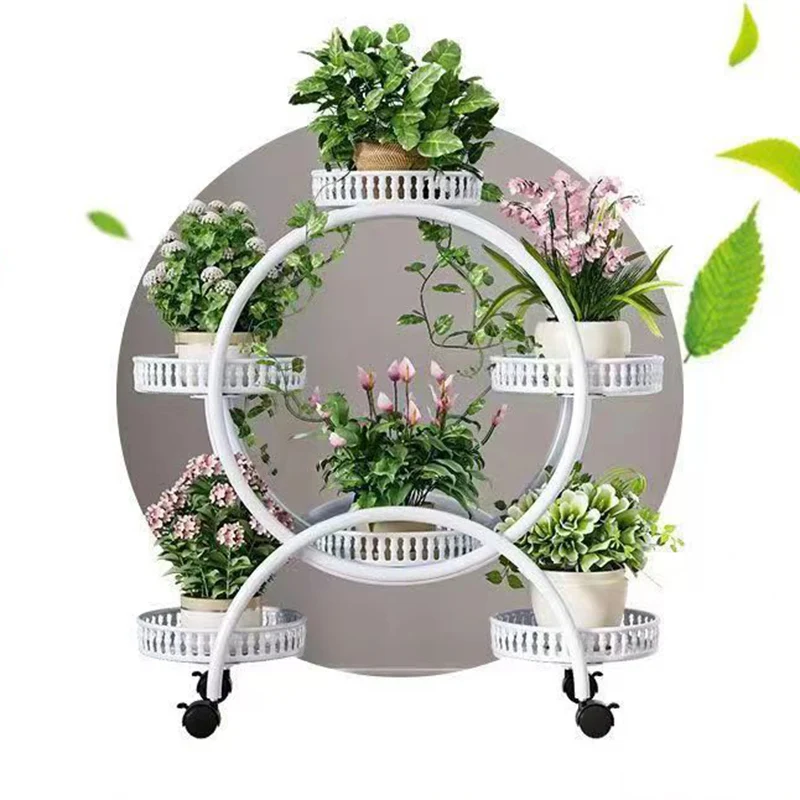 Modern Minimalist Movable Round Ferris Wheel-Shaped Carbon Steel Display Rack 4/6/8-Tray For Balcony