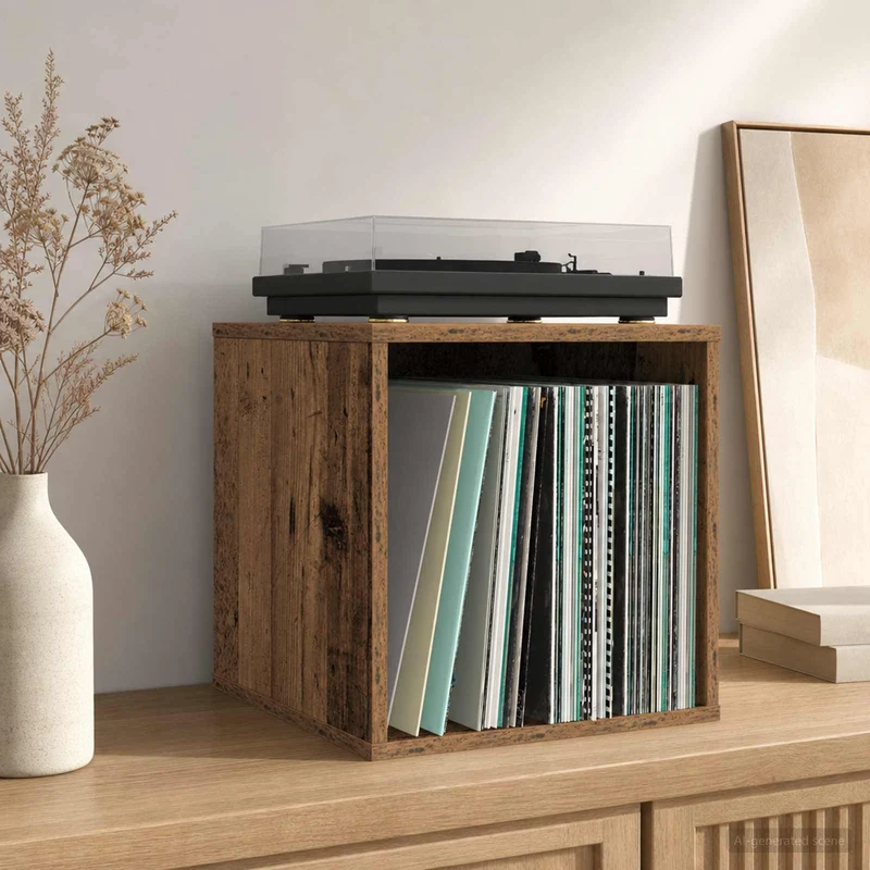 Caixa de Álbum de Vinil Madeira antiga 37 x 36,5 x 38 cm