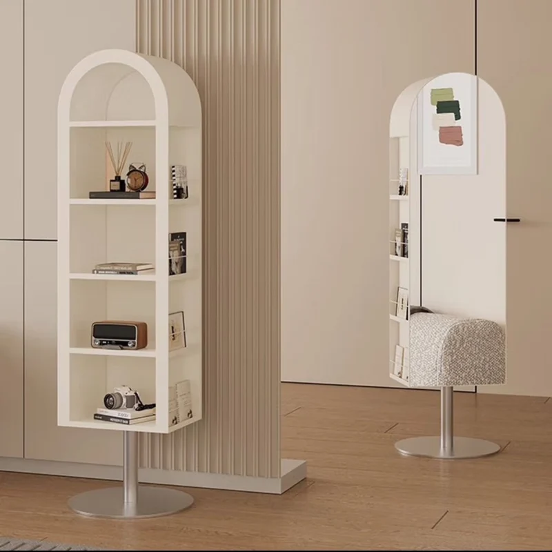 Modern Minimalist Rotatable Arched Carbon Steel Glass Bookshelves 5-Tier With Mirror For Living Room