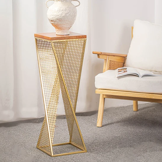 Modern Minimalist Square Metal Oak Wood Display Rack Openwork Design For Living Room