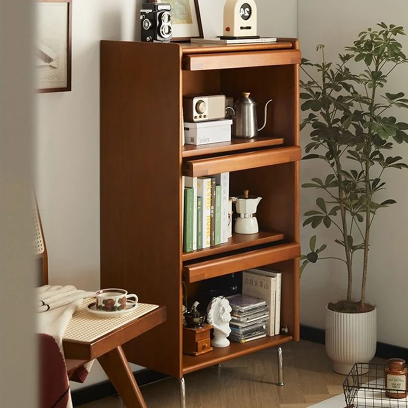 Contemporary Retro Square Tempered Glass Stainless Steel Solid Wood Corner Bookcase 3-Storage For Living Room