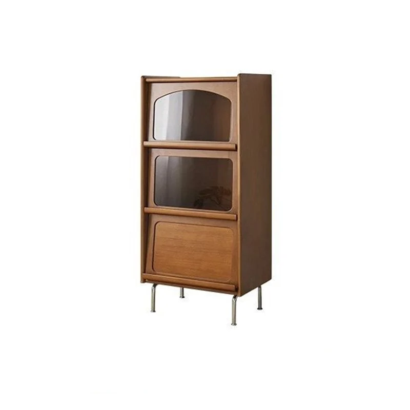 Contemporary Retro Square Tempered Glass Stainless Steel Solid Wood Corner Bookcase 3-Storage For Living Room