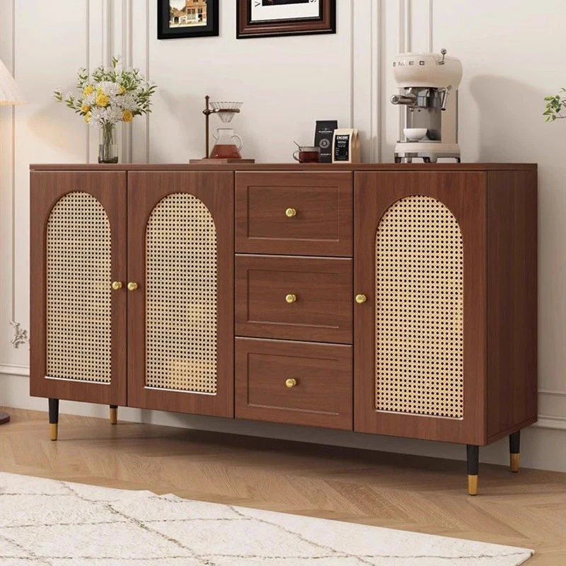 Traditional Japanese Rectangular Particle Board Solid Wood Plastic Rattan Storage Cabinet 4-Tier For Living Room