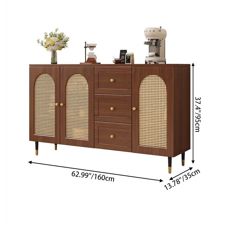 Traditional Japanese Rectangular Particle Board Solid Wood Plastic Rattan Storage Cabinet 4-Tier For Living Room