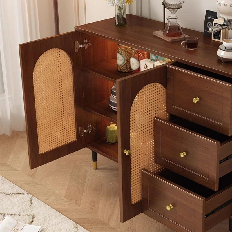 Traditional Japanese Rectangular Particle Board Solid Wood Plastic Rattan Storage Cabinet 4-Tier For Living Room