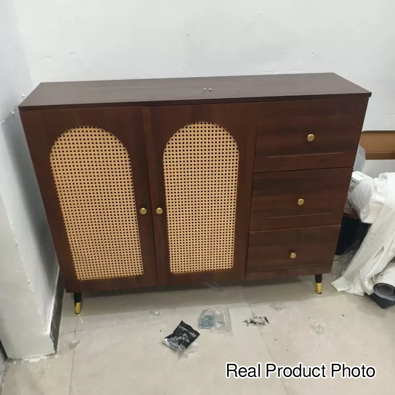 Traditional Japanese Rectangular Particle Board Solid Wood Plastic Rattan Storage Cabinet 4-Tier For Living Room