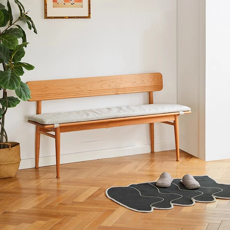 Contemporary Nordic Cherry Wood Rectangular Bench Backrest Armless Cushion For Dining Room