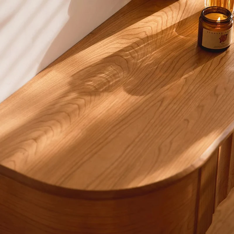 Contemporary Scandinavian Cherry Wood Semi-Circular Wavy Drawer Console Table With 2-Tier Storage For Entryway