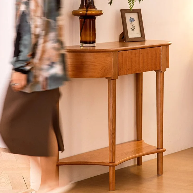Contemporary Scandinavian Cherry Wood Semi-Circular Wavy Drawer Console Table With 2-Tier Storage For Entryway
