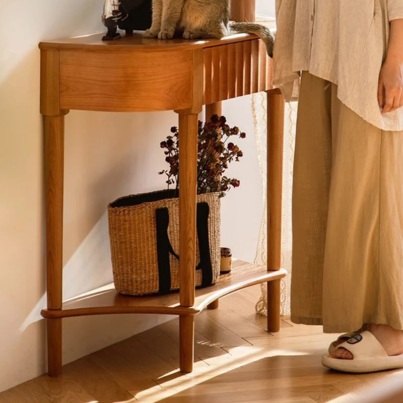 Contemporary Scandinavian Cherry Wood Semi-Circular Wavy Drawer Console Table With 2-Tier Storage For Entryway