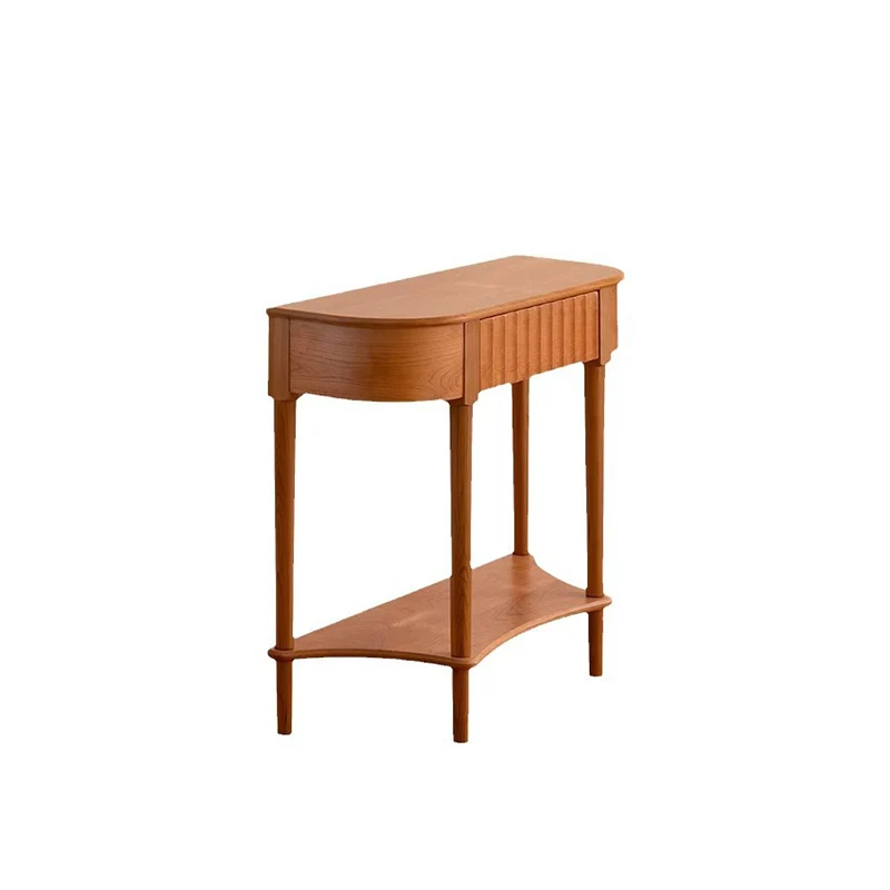 Contemporary Scandinavian Cherry Wood Semi-Circular Wavy Drawer Console Table With 2-Tier Storage For Entryway