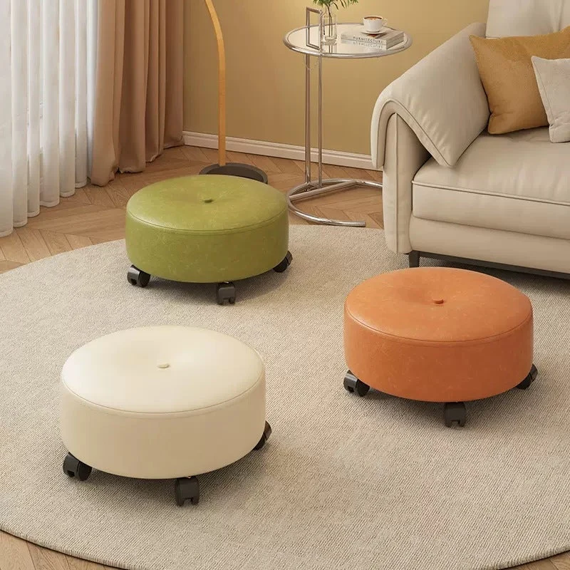 Modern Minimalist Removable Round Nappa Leather Solid Wood Chair Backless Armless For Living Room