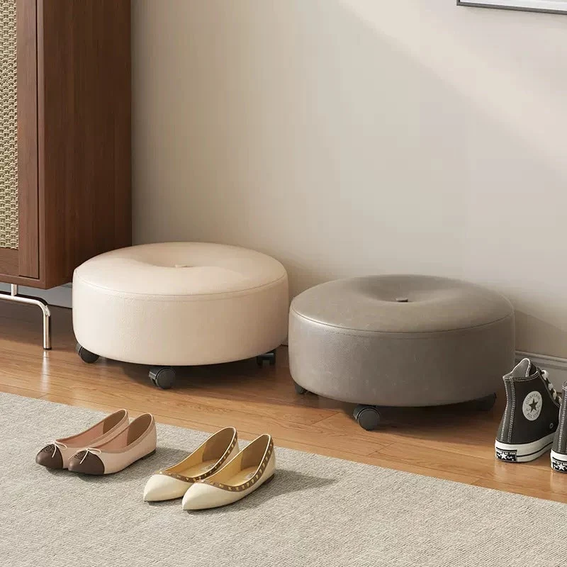 Modern Minimalist Removable Round Nappa Leather Solid Wood Chair Backless Armless For Living Room