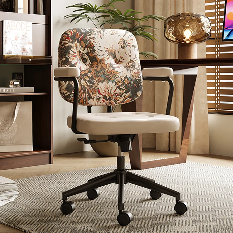 Traditional Vintage Square Top-Grain Semi-Aniline Leather Fabric Steel Height-Adjustable Swivel Desk Chair For Home Office