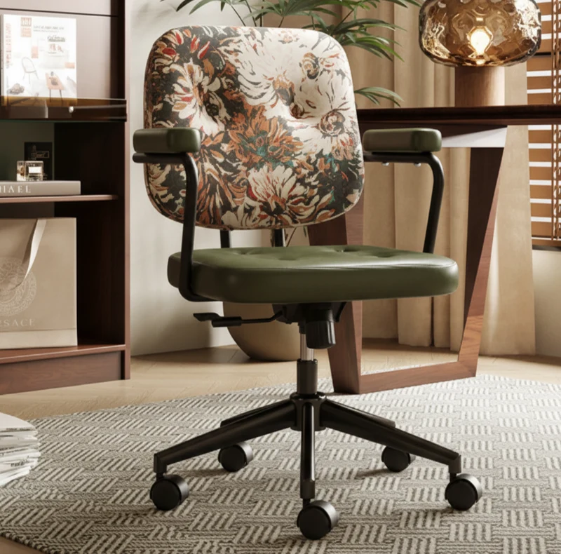 Traditional Vintage Square Top-Grain Semi-Aniline Leather Fabric Steel Height-Adjustable Swivel Desk Chair For Home Office