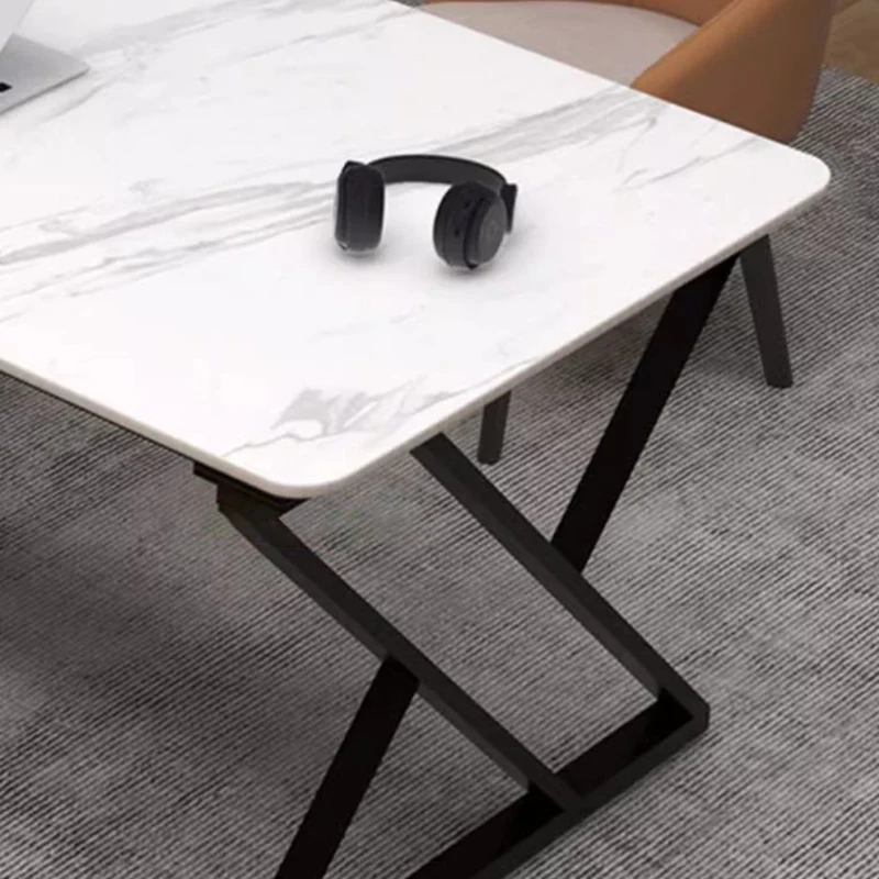 Stone Slab Top Office Desk with Carbon Steel Frame - Modern Minimalist Rectangular Desk for Home Office