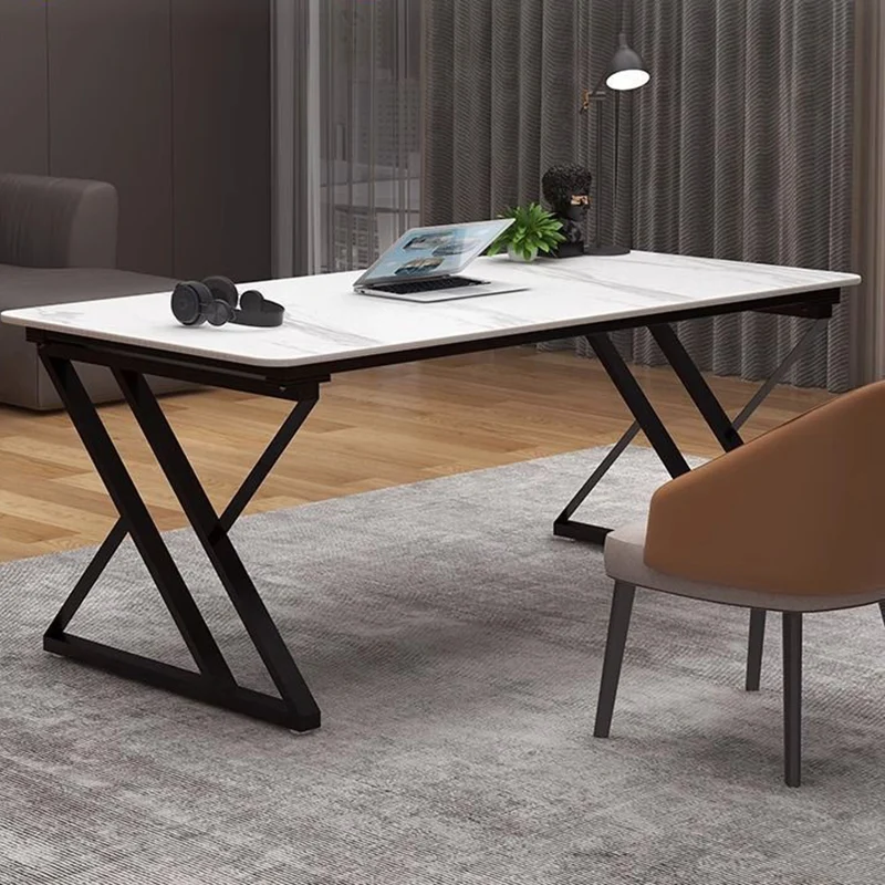 Stone Slab Top Office Desk with Carbon Steel Frame - Modern Minimalist Rectangular Desk for Home Office