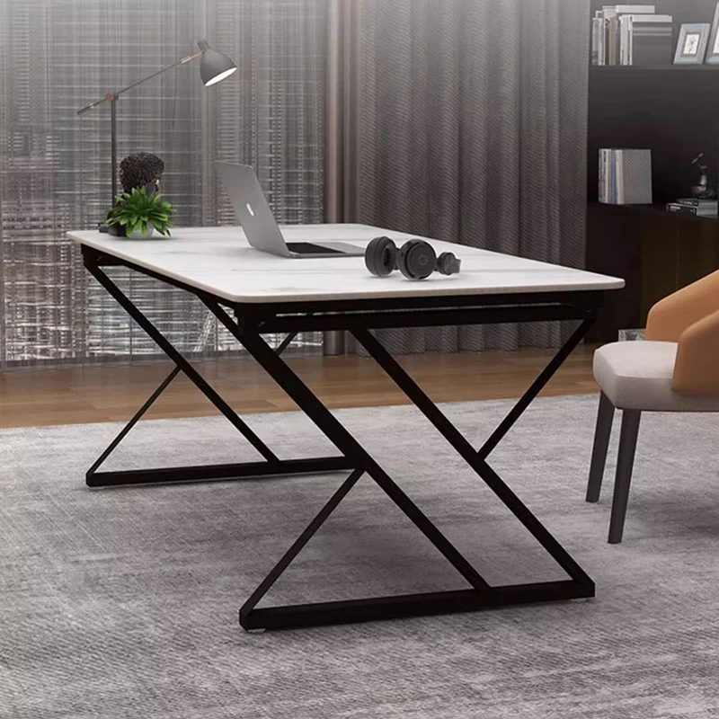 Stone Slab Top Office Desk with Carbon Steel Frame - Modern Minimalist Rectangular Desk for Home Office