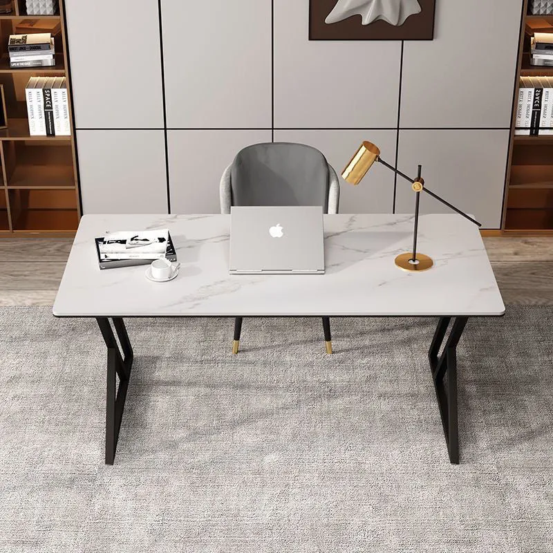 Stone Slab Top Office Desk with Carbon Steel Frame - Modern Minimalist Rectangular Desk for Home Office