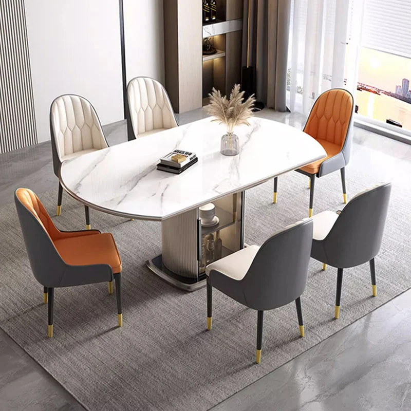 Contemporary Nordic Elliptical Rock Slab Oak Wood Glass Dining Table & Chair Set For 4 Seats