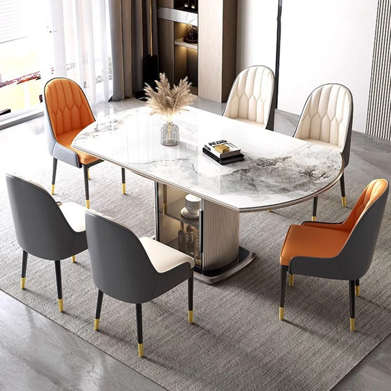 Contemporary Nordic Elliptical Rock Slab Oak Wood Glass Dining Table & Chair Set For 4 Seats