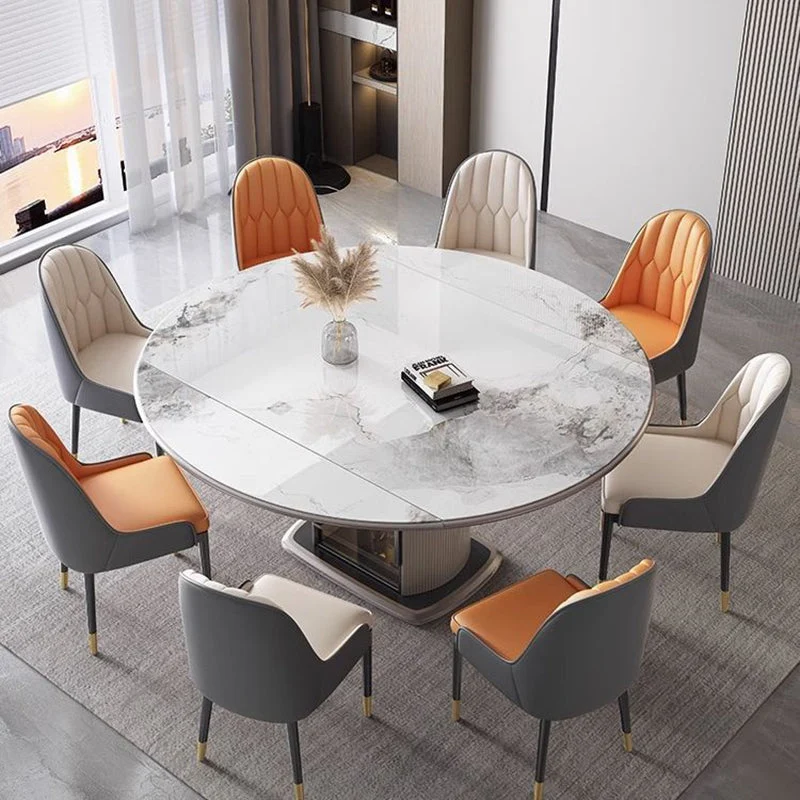 Contemporary Nordic Elliptical Rock Slab Oak Wood Glass Dining Table & Chair Set For 4 Seats