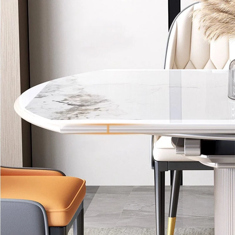 Contemporary Nordic Elliptical Rock Slab Oak Wood Glass Dining Table & Chair Set For 4 Seats