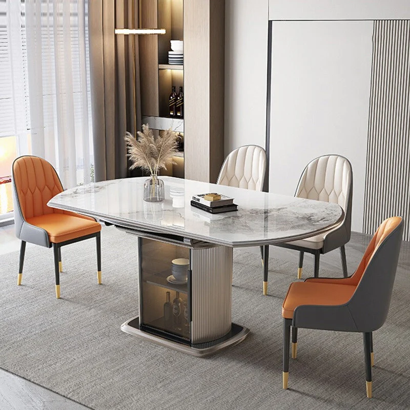 Contemporary Nordic Elliptical Rock Slab Oak Wood Glass Dining Table & Chair Set For 4 Seats