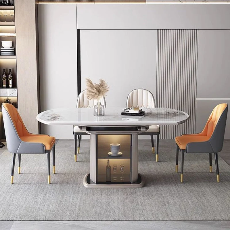 Contemporary Nordic Elliptical Rock Slab Oak Wood Glass Dining Table & Chair Set For 4 Seats
