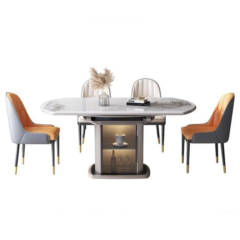 Contemporary Nordic Elliptical Rock Slab Oak Wood Glass Dining Table & Chair Set For 4 Seats