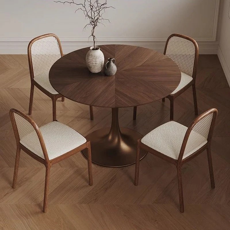 Contemporary Retro Round Black Walnut Antique Brass Plywood Rubberwood Faux Rattan Weaving Dining Table & Chair Set For 2 Seats
