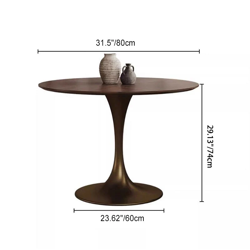Contemporary Retro Round Black Walnut Antique Brass Plywood Rubberwood Faux Rattan Weaving Dining Table & Chair Set For 2 Seats