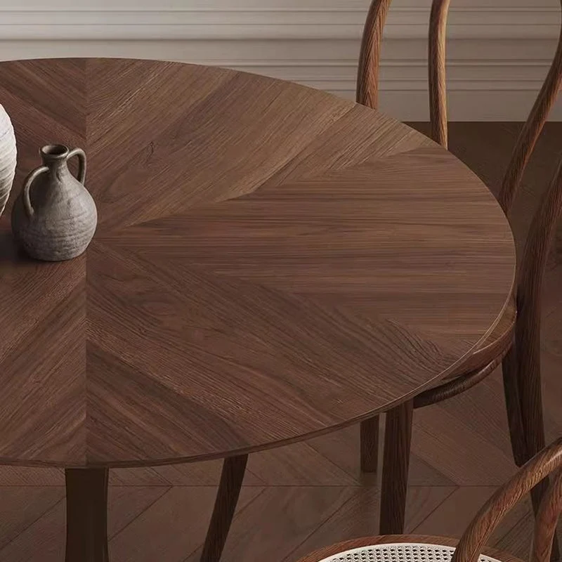 Contemporary Retro Round Black Walnut Antique Brass Plywood Rubberwood Faux Rattan Weaving Dining Table & Chair Set For 2 Seats