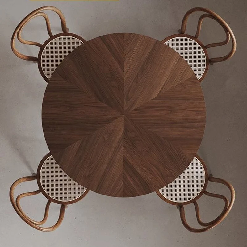 Contemporary Retro Round Black Walnut Antique Brass Plywood Rubberwood Faux Rattan Weaving Dining Table & Chair Set For 2 Seats