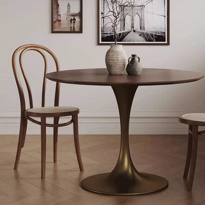 Contemporary Retro Round Black Walnut Antique Brass Plywood Rubberwood Faux Rattan Weaving Dining Table & Chair Set For 2 Seats
