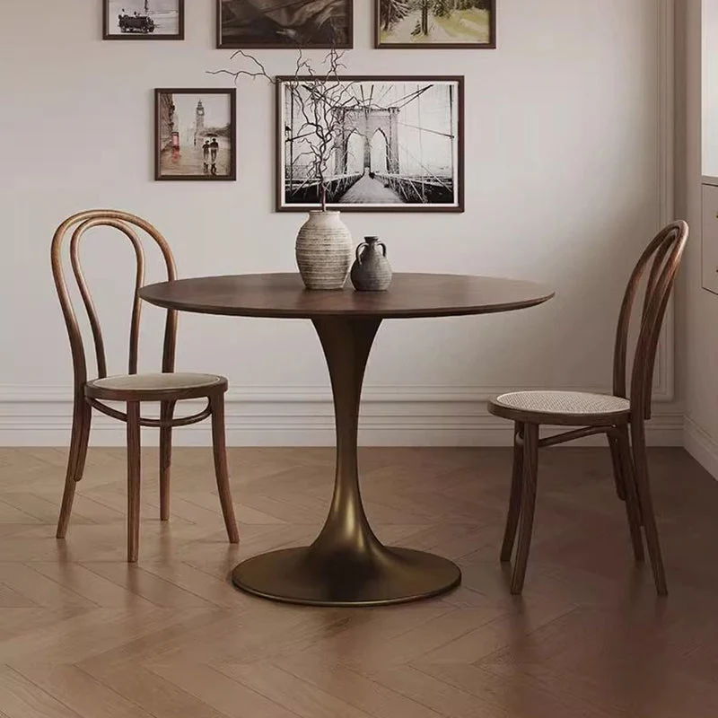 Contemporary Retro Round Black Walnut Antique Brass Plywood Rubberwood Faux Rattan Weaving Dining Table & Chair Set For 2 Seats