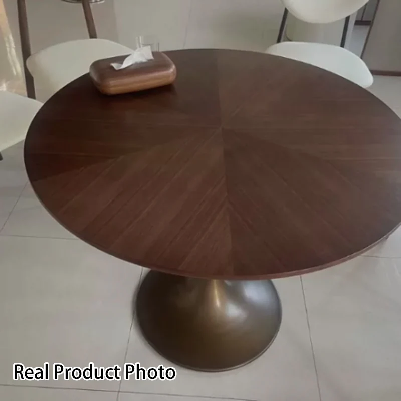 Contemporary Retro Round Black Walnut Antique Brass Plywood Rubberwood Faux Rattan Weaving Dining Table & Chair Set For 2 Seats