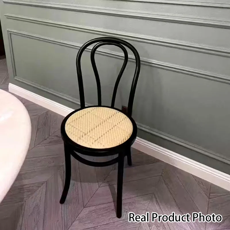 Contemporary Retro Round Black Walnut Antique Brass Plywood Rubberwood Faux Rattan Weaving Dining Table & Chair Set For 2 Seats