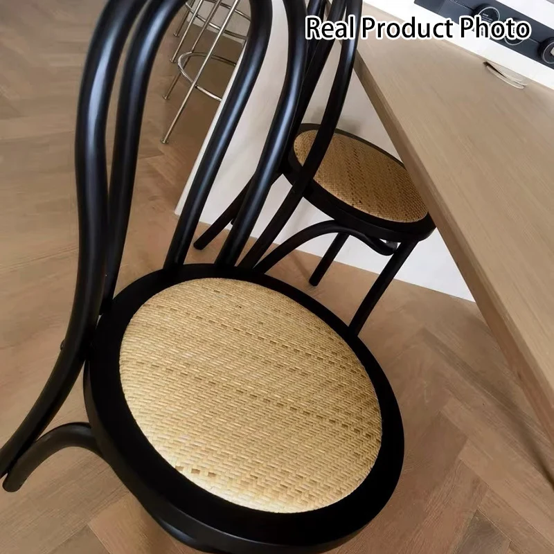 Contemporary Retro Round Black Walnut Antique Brass Plywood Rubberwood Faux Rattan Weaving Dining Table & Chair Set For 2 Seats