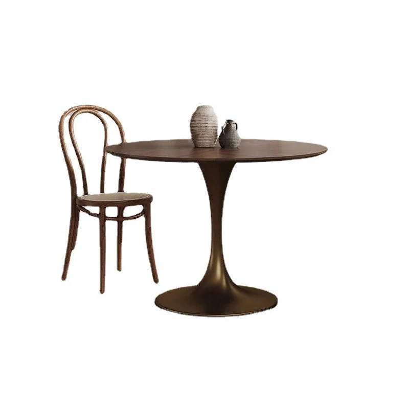 Contemporary Retro Round Black Walnut Antique Brass Plywood Rubberwood Faux Rattan Weaving Dining Table & Chair Set For 2 Seats