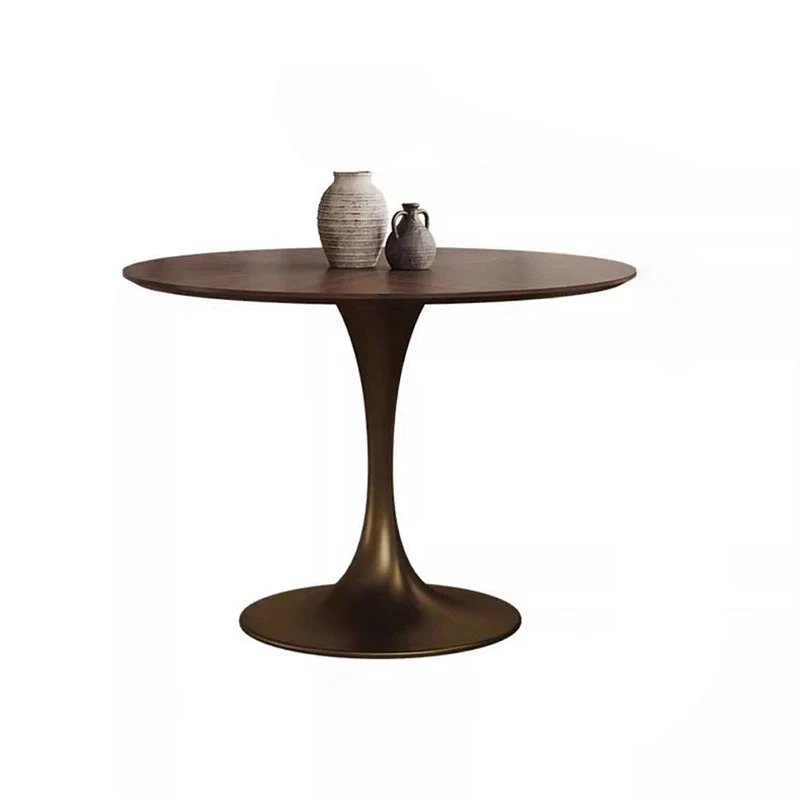 Contemporary Retro Round Black Walnut Antique Brass Plywood Rubberwood Faux Rattan Weaving Dining Table & Chair Set For 2 Seats