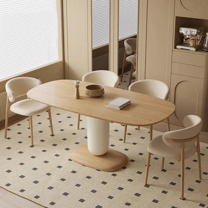 Traditional Japanese Elliptical Oak Wood Cat Scratch Leather Dining Table & Chair Set For 4/6 Seats