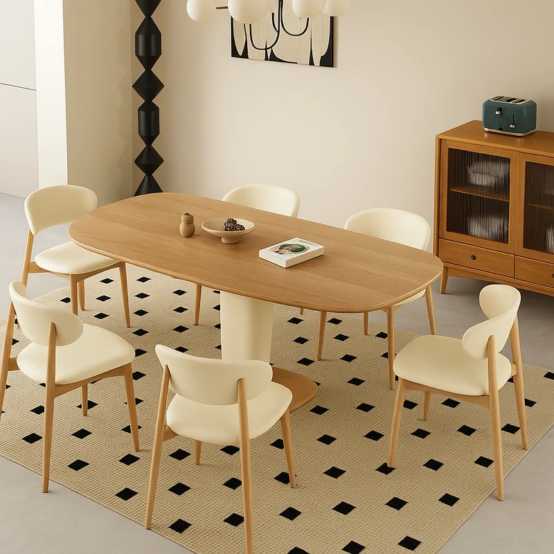 Traditional Japanese Elliptical Oak Wood Cat Scratch Leather Dining Table & Chair Set For 4/6 Seats
