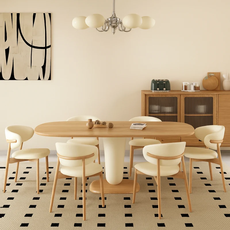 Traditional Japanese Elliptical Oak Wood Cat Scratch Leather Dining Table & Chair Set For 4/6 Seats