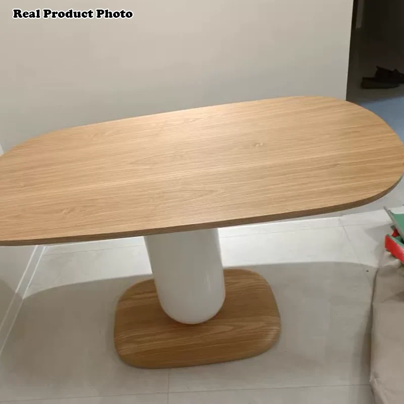 Traditional Japanese Elliptical Oak Wood Cat Scratch Leather Dining Table & Chair Set For 4/6 Seats
