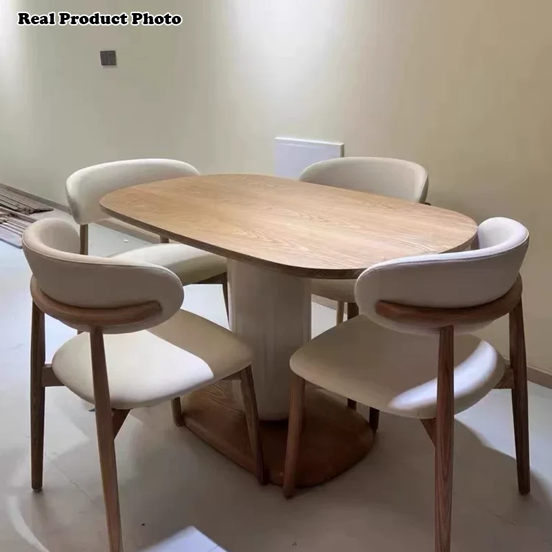 Traditional Japanese Elliptical Oak Wood Cat Scratch Leather Dining Table & Chair Set For 4/6 Seats