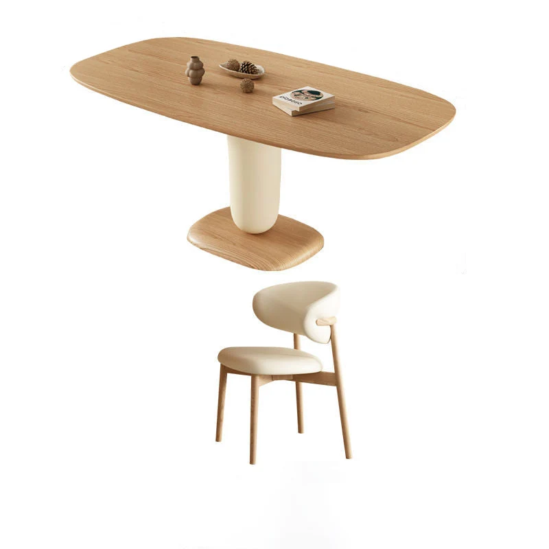 Traditional Japanese Elliptical Oak Wood Cat Scratch Leather Dining Table & Chair Set For 4/6 Seats