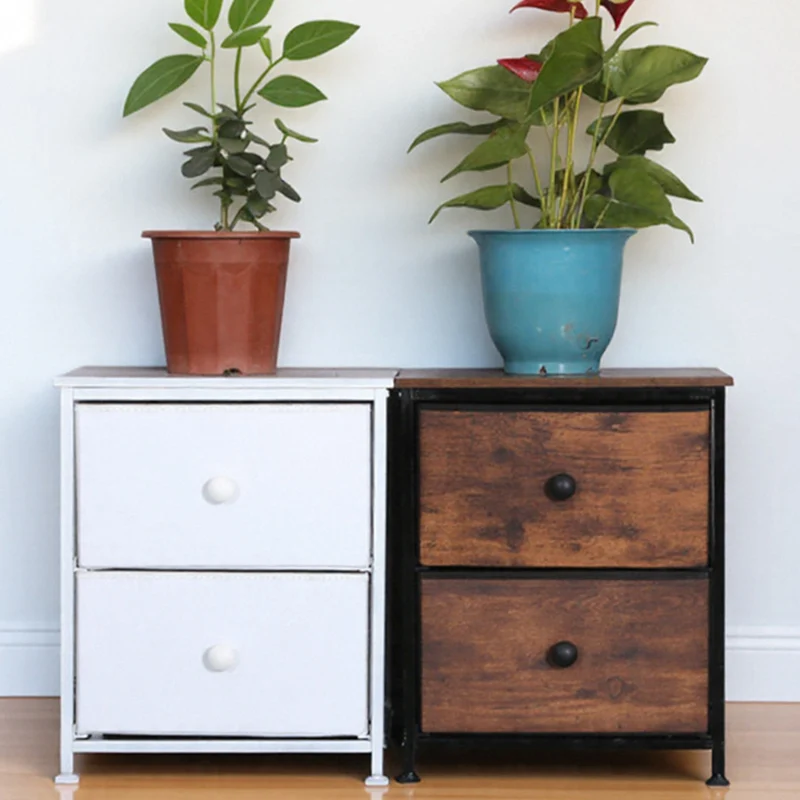 Traditional Vintage Nonwoven Fabric Iron Wood Board Square Storage Cabinet With 2 Drawers For Living Room