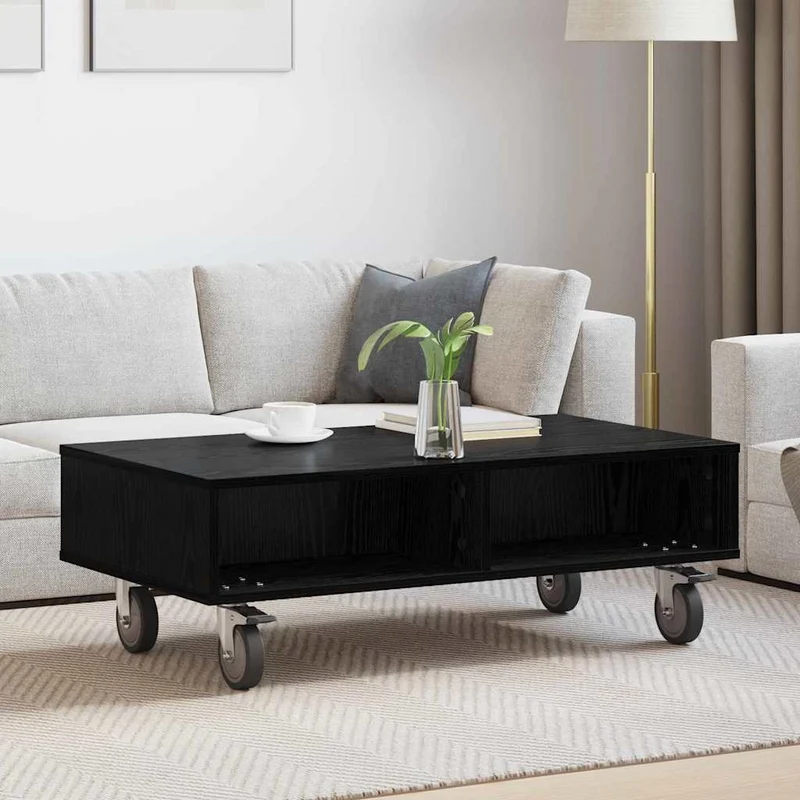 Mesa Lateral com Rodas Carvalho Preto 90 x 50 x 30 cm